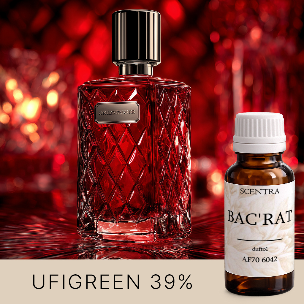 Roter Parfümflakon auf spiegelndem Hintergrund.