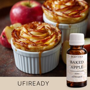 Gebackene Äpfel in einer weißen Form auf einem Holzbrett — AF70 6413