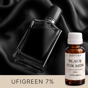 Schwarzer Parfümflakon auf schwarzer Seide.