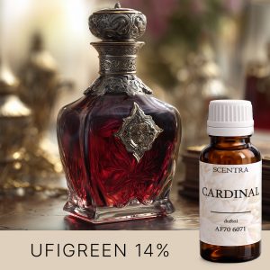 Luxuriöser Parfümflakon mit roter Flüssigkeit.