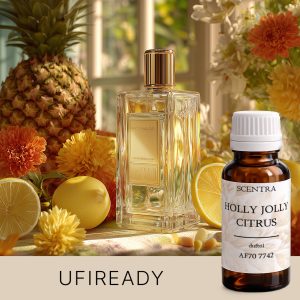 Parfümflasche, umgeben von Orangen und anderen Früchten, die eine frische und fruchtige Atmosphäre schafft.