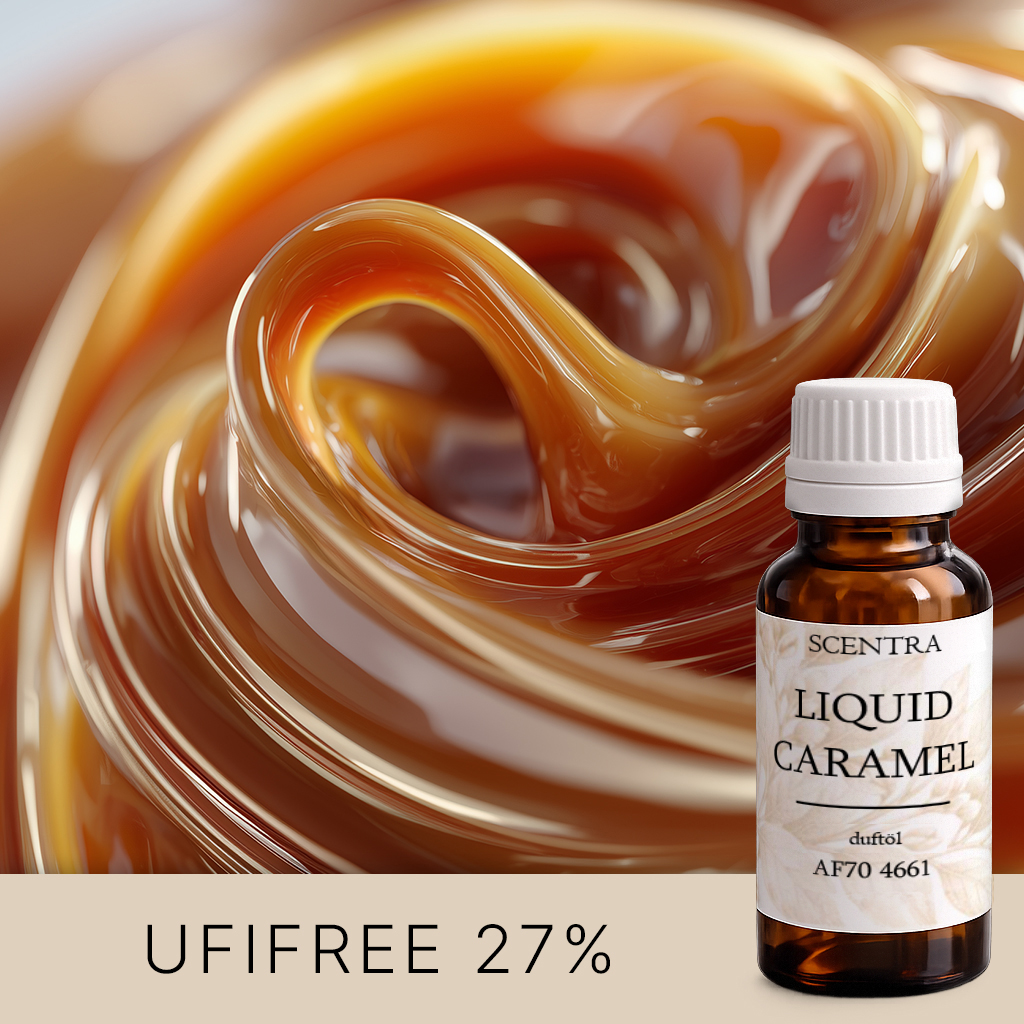 Wirbelndes flüssiges Karamell in Nahaufnahme sowie eine kleine Flasche Duftöl.