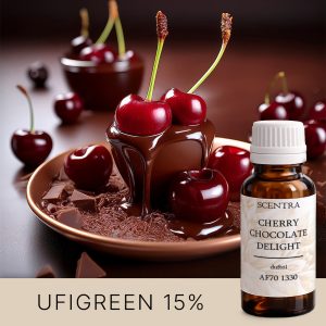 Saftige Kirschen, übergossen mit flüssiger Schokolade, auf einem Teller mit Schokoladenstücken angerichtet; im Hintergrund weitere Kirschen – AF70 1330