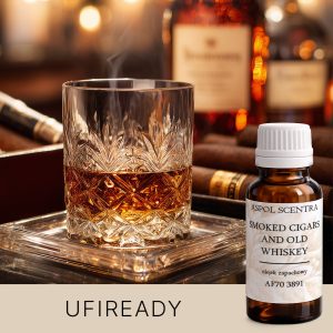 Ein Glas Whiskey und eine Zigarre auf dem Tisch.