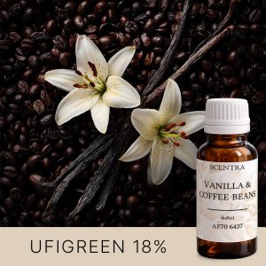 Vanilleblüten und Kaffeebohnen auf schwarzem Hintergrund.